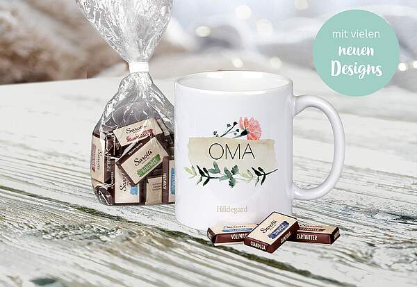 Lassen Sie eine Tasse mit Foto bedrucken und mit Schokolade befuellen. Das perfekte Geschenk, nicht nur fuer Oma und Opa, sondern auch fuer Freunde und Kollegen.