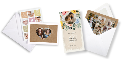 Fotokarten drucken als Grusskarte zur Geburt, zu Weihnachten, zur Hochzeit oder einfach so, in verschiedenen Formaten mit passenden Briefumschlaegen erhaeltlich.