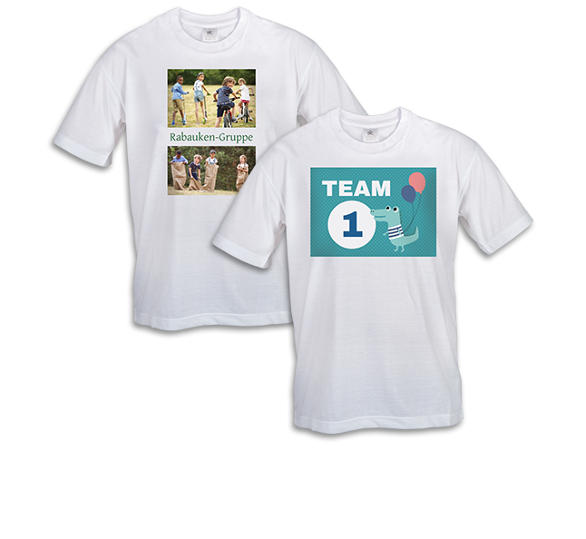 Baumwoll-Geburtstagsgeschenk mit Fotos. Bilden Sie fuer Geburtstagsspiele T-Shirts, um die Teams optisch einzuteilen und ihnen eine tolle Erinnerung mitzugeben.