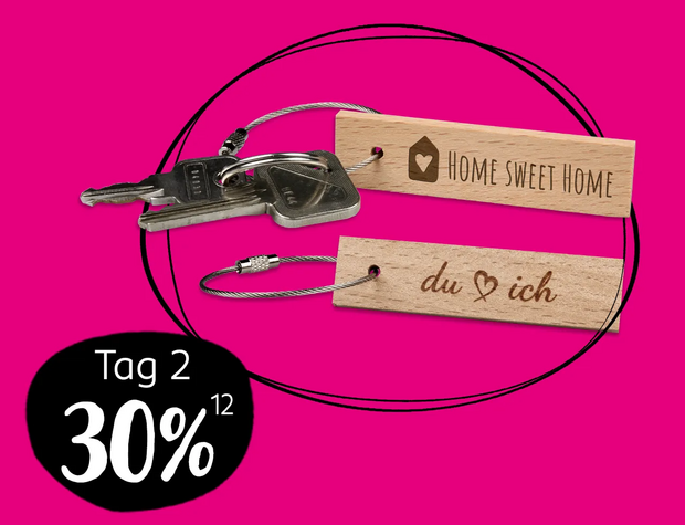 Angebote zum Black Friday, Schlüsselanhänger aus Holz Schlüsselanhänger aus Holz mit Gravuren 'Home Sweet Home' und 'du ♥ ich', mit 30 % Rabatt in den Black Friday Angeboten 2024.