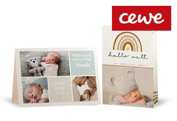 Zwei individuell gestaltete Karten zur Geburt mit Babybildern und Geburtsinformationen auf weißem Hintergrund.