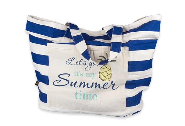 Gestreifte Strandtasche aus Baumwolle mit langem Henkel und persönlichem Aufdruck.