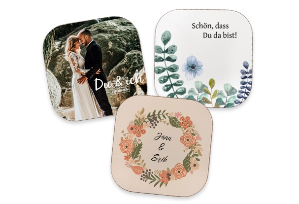 Untersetzer-Set mit abgerundeten Ecken, persönlichem Foto und kreativem Design. Einzeln, als 4er- oder 8er-Set erhältlich.