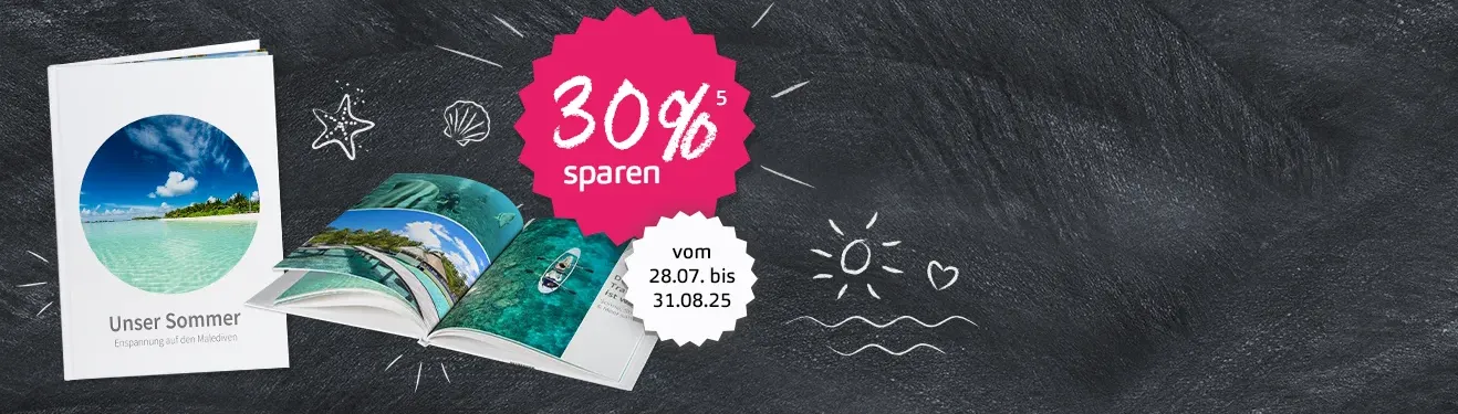 Ein aufgeschlagenes Fotobuch mit fröhlichen Momentaufnahmen. Haltet eure schönsten Fotos in einem Fotobuch fest.
