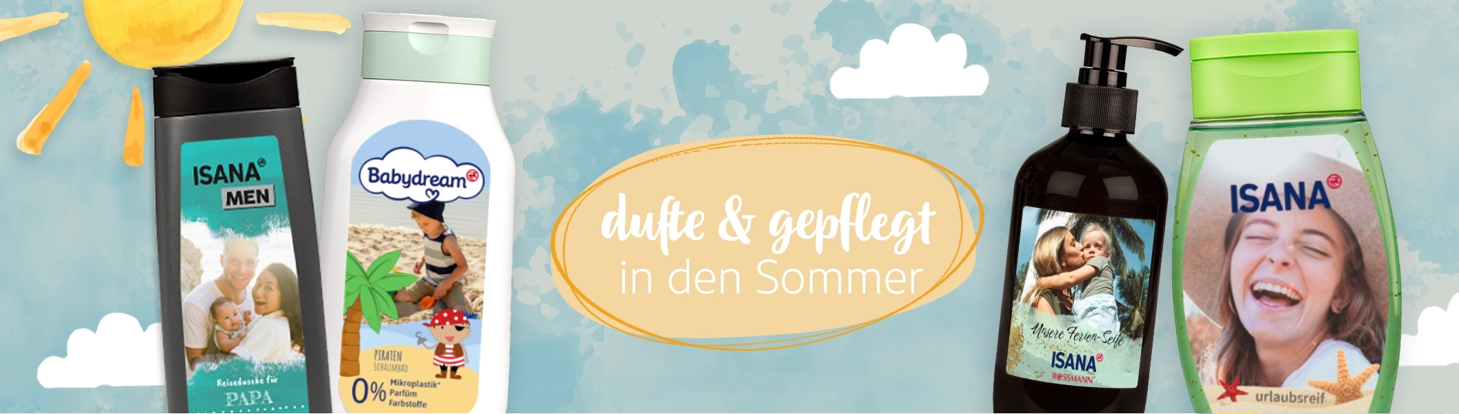 Individuell gestaltete Pflegeprodukte mit Urlaubsfoto-Etiketten aus der Serie Mein Design