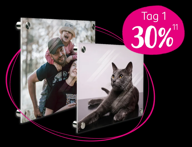 Black Friday Angebote, 30% Rabatt auf Acrylglas-Fotos Stilvoll glänzende Acrylglasbilder mit Katzen-Foto und Familienbild. Jetzt in Black Week 2024 mit 30% Rabatt bestellen.