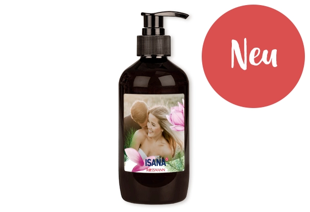 ISANA Aromaseife im Pumpspender, mit Foto und Text personalisierbares Etikett,  in den Duftrichtungen Magnolie-Zedernholz und Orange-Sandelholz
