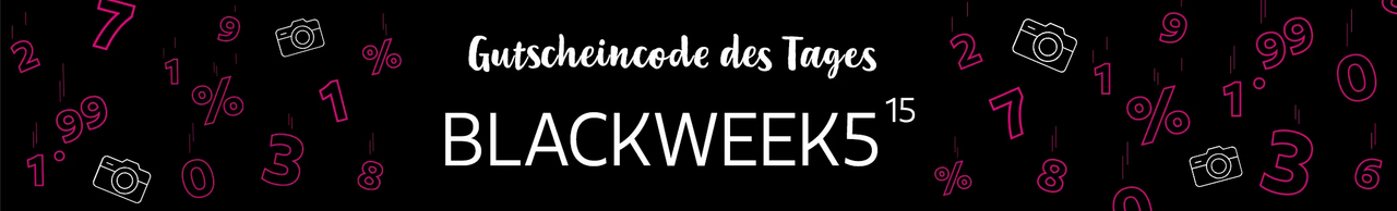 Gutscheincode des Tages für Black Friday Angebote Unser Gutscheincode des Tages zur Black Week 2024 auf schwarzem Hintergrund, verziert mit pinken Zahlen und Prozentzeichen