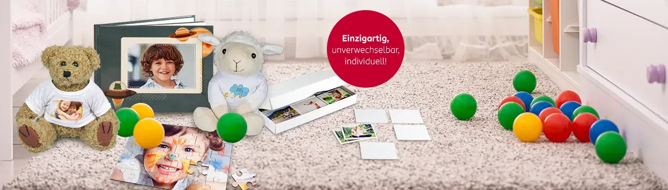 Gestaltet süße persönliche Geschenke, wie T-Shirts, Lätzchen, Plüschtiere und Bodys für Babys und Kinder mit eigenen Fotos.