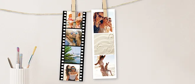 Zwei Filmstreifen mit Mini-Fotos, einer davon im klassischen Filmstreifen-Look, der andere modern gestaltet.