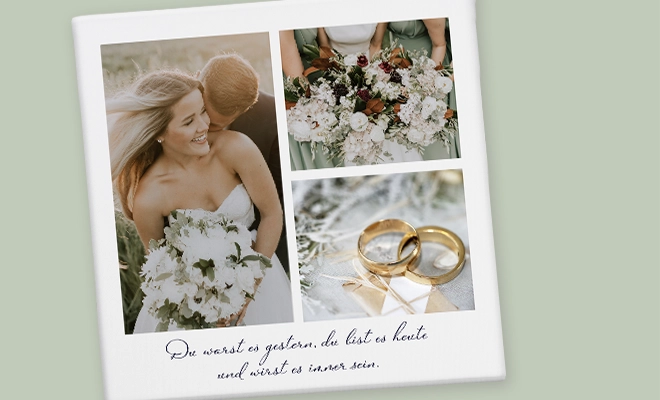 Fotoleinwand mit Bildern eines Brautpaars, weißem Blumenstrauß und goldenen Eheringen – ein Fotogeschenk zur Hochzeit mit großer Wirkung.