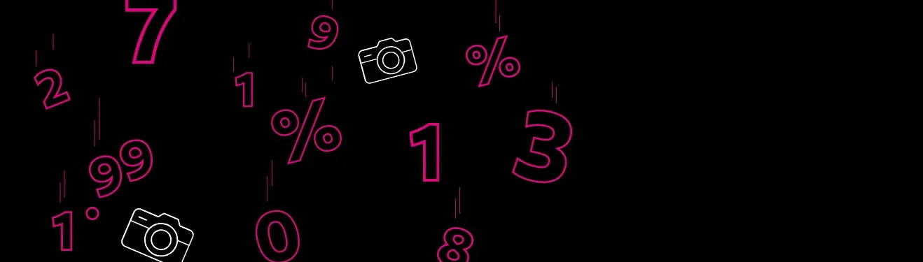 Banner zur Black Week 2024 auf schwarzem Hintergrund, verziert mit pinken Zahlen, Kamerasymbolen und Prozentzeichen.