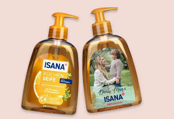 Zwei Küchenseifen mit Orangen und Thymianduft – ein Etikett ist mit einem Foto einer Mutter mit Kind personalisiert.