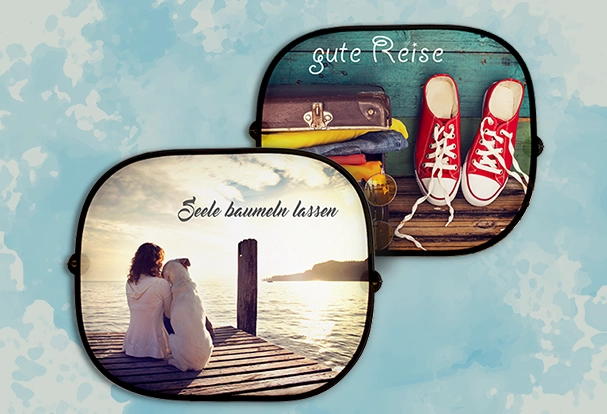 Auto-Sonnenschutz mit Urlaubsfoto-Motiv an Seitenscheibe montiert