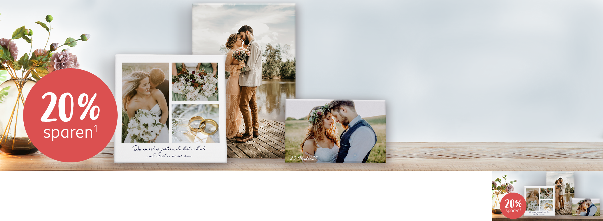 Mehrere Hochzeitsfotos auf Leinwand mit romantischem Zitat und Datum. Im Juni erhaltet ihr 20% Rabatt auf eure Fotoleinwand!