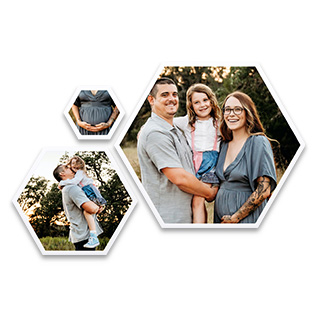 Hexagonale Fotokacheln mit individuellem Motiv, flexibel arrangierbar für eine einzigartige Bilderwand.