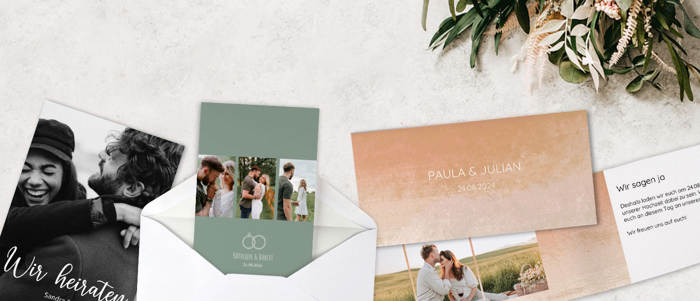 Hier Fotokarten gestalten für Ihre Hochzeit oder Ihr Hochzeitsjubilaeum, grosse Designauswahl, mit Textvorschlag, verschiedene Formate, inklusive weisser Briefumschlaege.