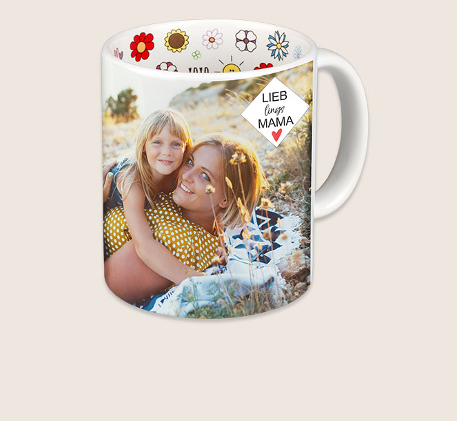 Hochwertige personalisierte Tasse fuer Ihre Mama zum Muttertag gestalten und in der ROSSMANN Fotowelt bestellen. Die Tassen sind von innen und aussen bedruckt.
