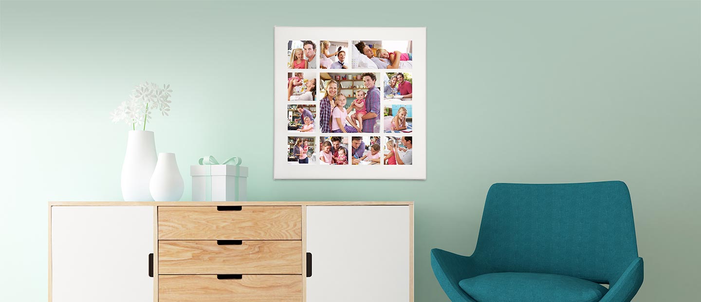 Deko Fotogeschenk Familie jetzt selber machen mit der Fotoleinwand. Bringen Sie Ihre Fotos in unsere Fotocollagen Vorlagen und verschoenern Sie Ihr Zuhause.