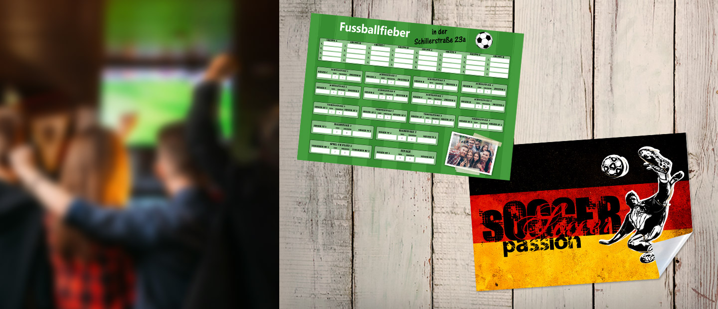 Eigene Einladungskarten, Fussball Designs warten auf Sie, verschicken, zur Party coole Poster mit Fussballplaenen der einzelnen Spiele aufhaengen und Freunde begeistern.