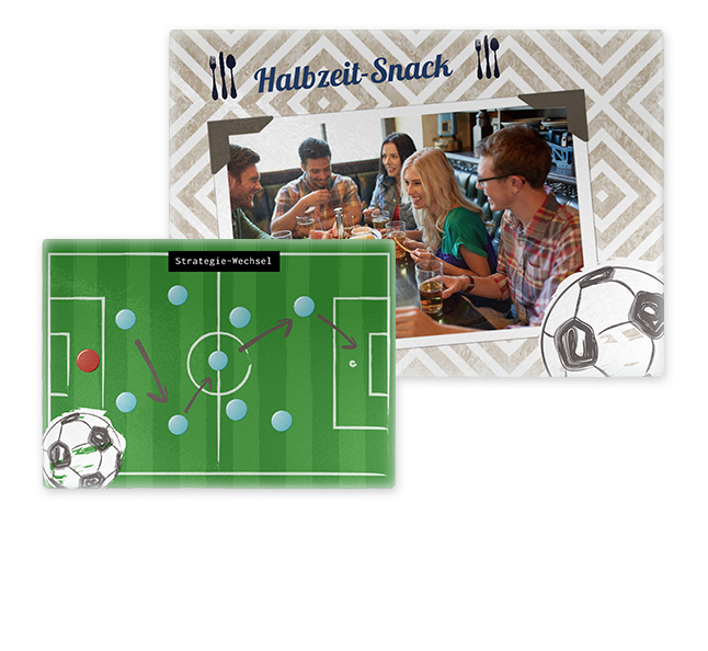 Dekorative Fussball Tasse mit Fotos gestalten und zusammen mit Snacks auf dem Foto Glasschneidebrettchen bei der Party anbieten. Jetzt online designen.