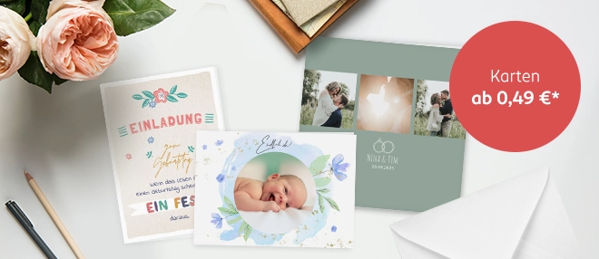 Persönliche Karten mit eigenen Fotos drucken Zu sehen sind individuell gestalte Karten mit persönlichen Fotos.