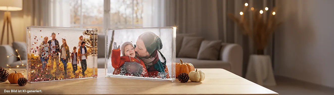 Persönliche Fotogeschenke mit eigenen Fotos gestalten – besondere Erinnerungen verschenken Zwei Acryl-Schüttelrahmen mit persönlichen Familienfotos und buntem Konfetti auf einem Holztisch