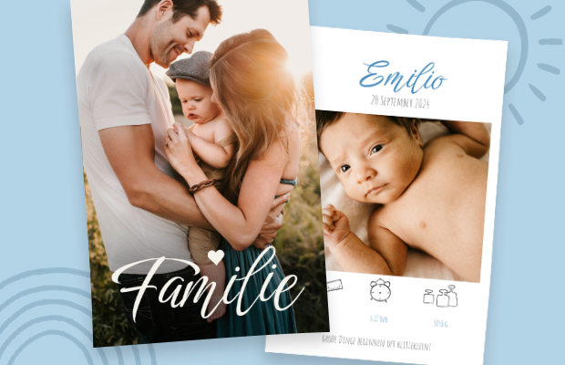 Die Designposter lassen sich mit Foto, Namen und Geburtsdatum als stilvolle personalisierte Geschenke zur Geburt gestalten.