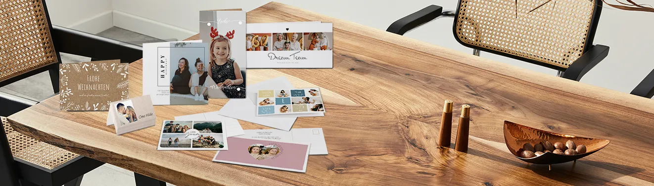 Karten mit Fotos personalisieren, viele Designs für jeden Anlass Das Bild zeigt eine Auswahl verschiedener personalisierter Grußkarten mit Fotos. Gestaltbar für jeden Anlass!