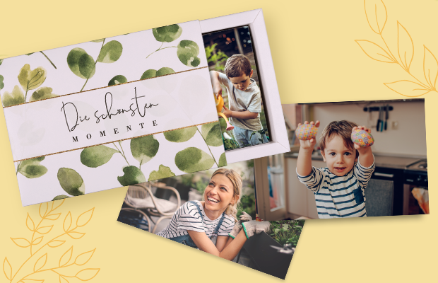 Stilvolle Fotobox mit persönlichen Bildern und der Aufschrift ‘Die schönsten Momente‘ als personalisiertes Ostergeschenk.