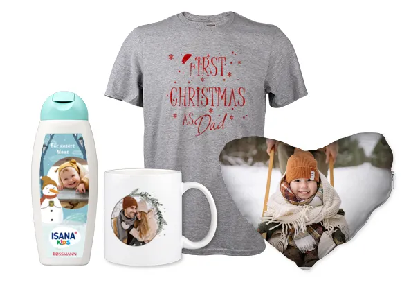 Gestaltet kreative Geschenke mit Fotos, wie diese Tasse, Textilien oder Pflegeprodukte, und bereitet euren Liebsten eine Freude.