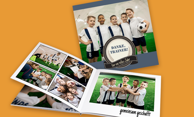 Sagt „Danke, Trainer!“ – mit einem personalisierten Sport-Fotobuch Fotobuch als Abschiedsgeschenk für den Fußballtrainer mit Bildern der Mannschaft