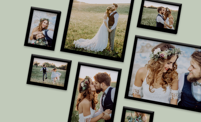 FRAMENATOR als Bilderwand gestalten, mit schwarzen und weißen Rahmen Gerahmte Fotos von Braut mit Blumenkranz und Kleid und Bräutigam mit Weste. Jetzt FRAMENATOR als Fotogeschenk zur Hochzeit gestalten!