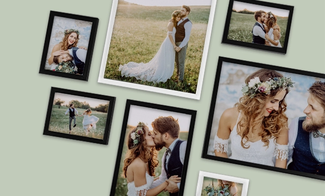 Gerahmte Fotos von Braut mit Blumenkranz und Kleid und Bräutigam mit Weste. Jetzt FRAMENATOR als Fotogeschenk zur Hochzeit gestalten!