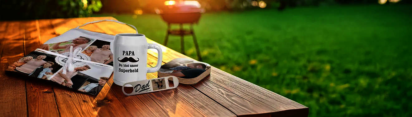 Fotogeschenke zum Vatertag personalisiert mit Bierkrug, Schürze, Flaschenöffner und Untersetzer