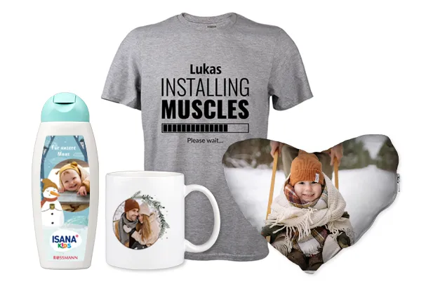 Gestaltet kreative Geschenke mit Fotos, wie diese Tasse, Textilien oder Pflegeprodukte, und bereitet euren Liebsten eine Freude.