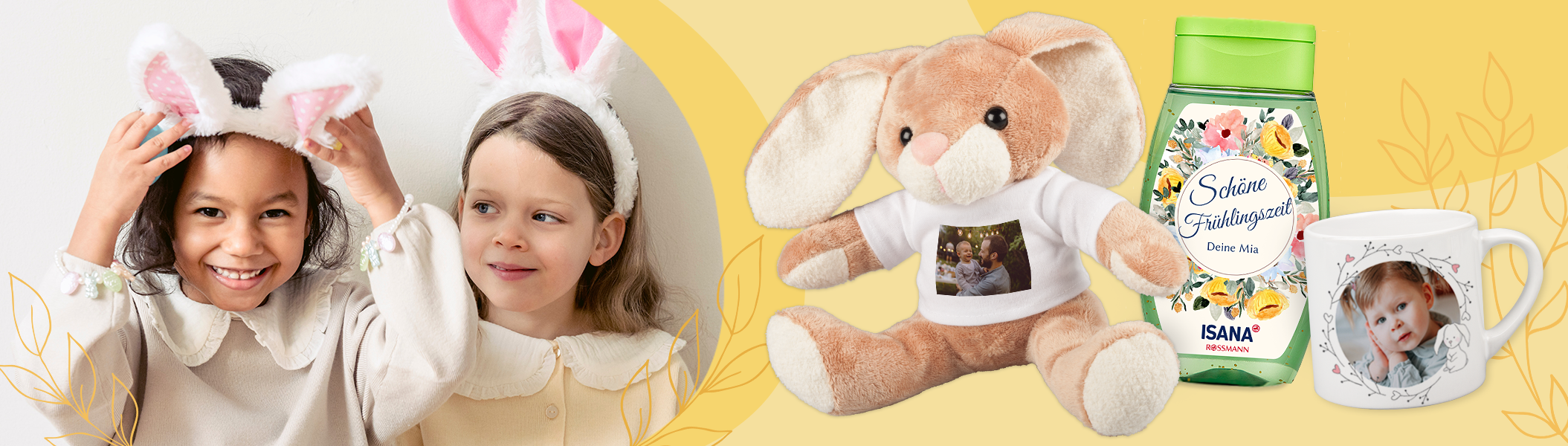Fotogeschenke Ostern: Kinder mit Osterhasenohren, daneben ein Plüsch-Hase mit eigenem Foto und ein personalisiertes Duschbad.