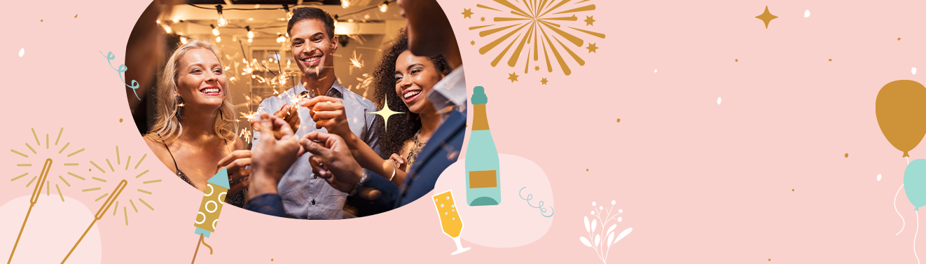 Silvestergrüße der ROSSMANN Fotowelt, Szenegrafik zur Silvesterfeier mit Wunderkerzen