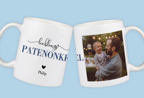 Diese Tasse mit Babybild und Text ‚Lieblings-Patenonkel Philip‘ ist ein ideales Babygeschenk zur Geburt für den Patenonkel.