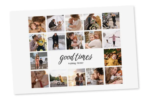 Individuelle Collagen und Designposter mit Fotos vieler persönlicher Familien- und Freundschaftsmomente.