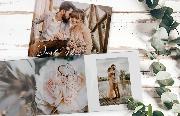 Ein Fotobuch mit Bildern eines Paares, das sich umarmt und Eheringen auf einer Blume als liebevolles Fotogeschenk zur Hochzeit.