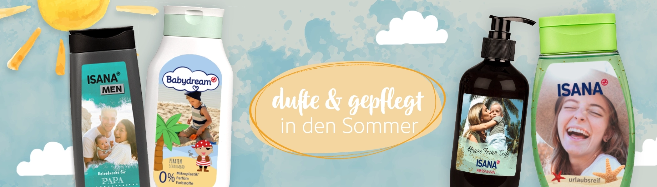 Individuell gestaltete Pflegeprodukte mit Urlaubsfoto-Etiketten aus der Serie Mein Design