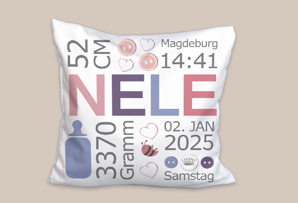 Dieses personalisierte Kirschkernkissen mit Namen und Geburtsdaten ist ein wohltuendes Babygeschenk zur Geburt.