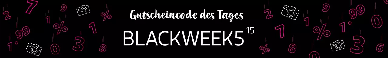 Unser Gutscheincode des Tages zur Black Week 2024 auf schwarzem Hintergrund, verziert mit pinken Zahlen und Prozentzeichen