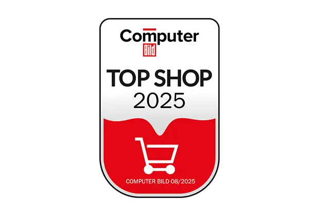 Das offizielle Top Shop 2025 Siegel von Computer Bild mit Einkaufswagensymbol und dem Veröffentlichungsdatum 08/2025.