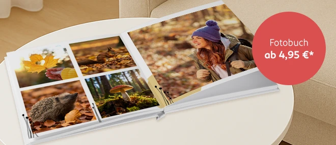 Die Grafik zeigt ein geöffnetes Fotobuch mit verschiedenen persönlichen Bildern und Texten.