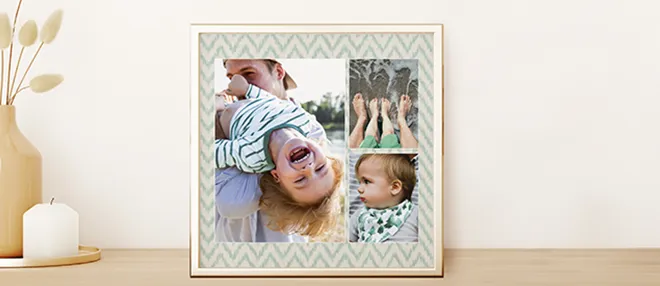 Eine gerahmte Fotocollage mit drei Bildern, die Kinder und ihre Eltern in einem stilvollen Design zeigt.
