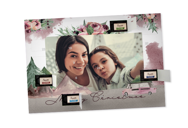 Individueller Adventskalender mit Schokolade für eure gemütliche Weihnachtszeit. In der ROSSMANN Fotowelt findet ihr viele festliche Designvorlagen.