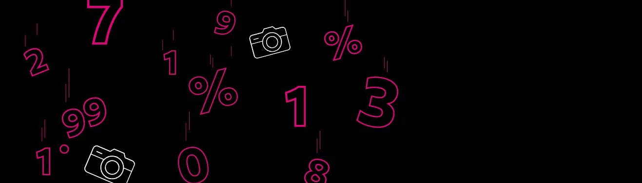 Banner zur Black Week 2024 auf schwarzem Hintergrund, verziert mit pinken Zahlen, Kamerasymbolen und Prozentzeichen.
