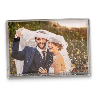 Personalisierter Schüttelrahmen mit Glitzer in Rosé Gold und frühlingshaftem Foto.